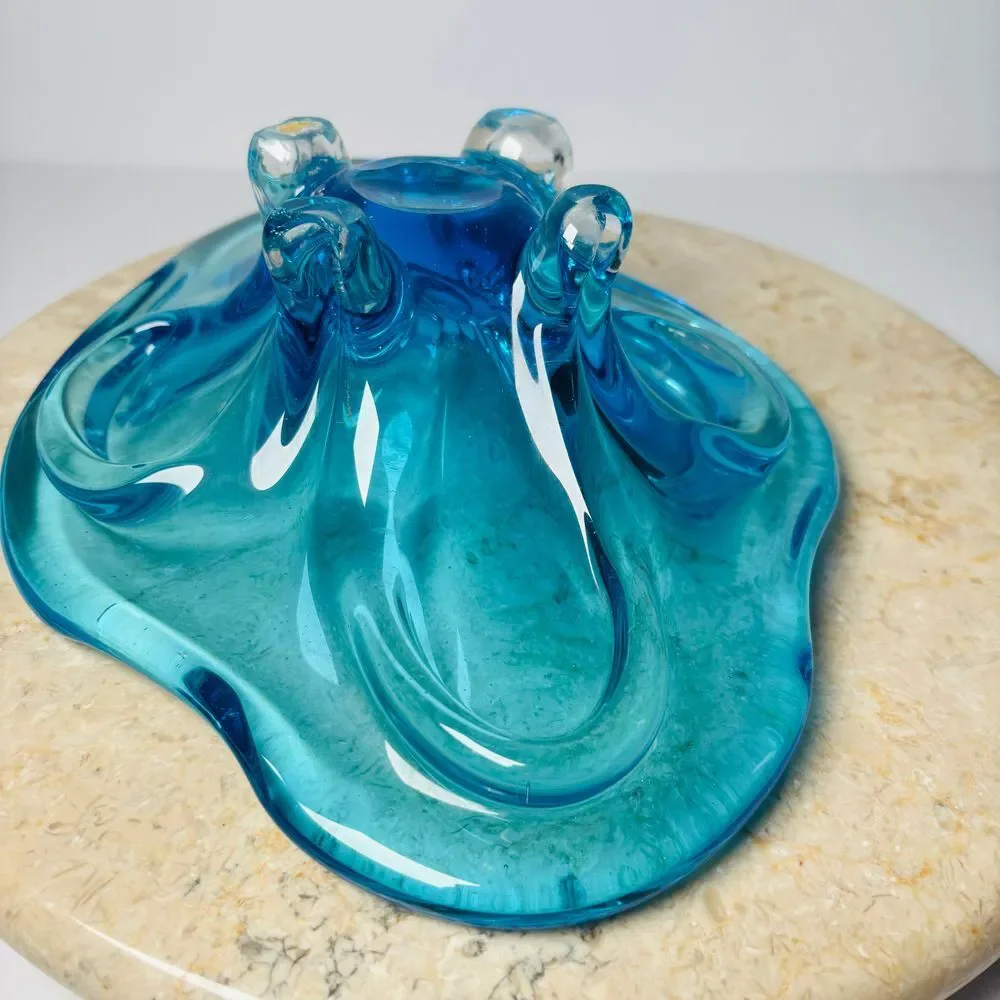 Vintage Murano Sommerso Blue Glass‎ Abstract Decorative Bowl MCM 60s 70s